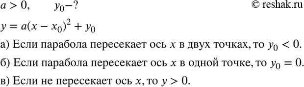Изображение 455. Пусть а > 0. Каким должно быть число у0, чтобы парабола у = а(х - х0)2 + у0:а) пересекала ось Oх в двух точках;б) пересекала ось Ох в одной точке;в) не...