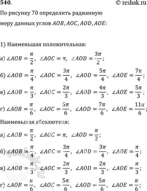 Изображение 540. По рисунку 70 определите:а) наименьшую положительную; наименьшую по абсолютной величине радианную меру углов АОВ, АОС, AOD, АОЕ;б) радианную меру всех углов...