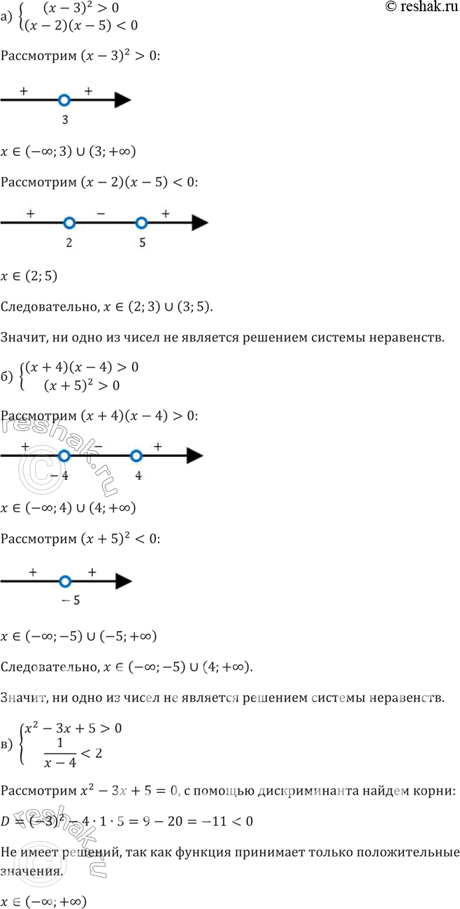 Изображение 158. Является ли какое-нибудь из чисел: -1, 1, 0, 2 системы неравенств:а) (x-3)^2>0(x-2)(x-5)0(x+5)^2>0в)...