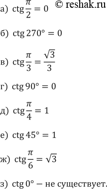 Изображение 595. a) ctg пи/2;	б) ctg270°;	в) ctg пи/3;г) ctg 90°;	д) ctg пи/4;	е) ctg45°;ж) ctg пи/6;	з) ctg...
