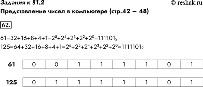 Изображение Задания к §1.2Представление чисел в компьютере (стр.42 – 48)62. Представьте десятичные числа в беззнаковом 8-разрядном...